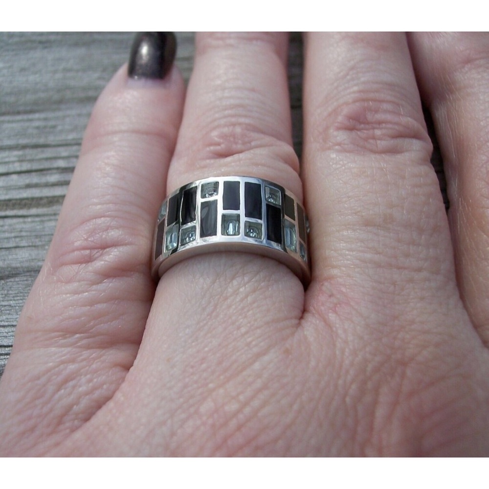 STAINLESS STEEL Sea Blue CZ Art Deco Band Ring - Picture 6 of 16
